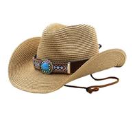 Cowboy Straw Hat Men Women Straw Cowgirl Sun Hat Vintage Nationality Style Cowboy Hat Roll up Summer Beach Hat for Men Womens Summer - Khaki