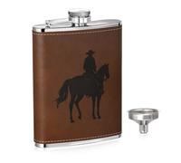 Cowboy Style Leather Hip Flask - 8oz Stainless Steel Flask with Western Engraving & PU Leather Wrap, Leakproof Pocket Flask for Whiskey, Bourbon, Gifts for Men