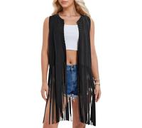 Cowboy Waistcoat Women Sequin Fringe Vests for Party Rave Hippie 72s Cardigans Cowgirl Black 2XL