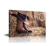 Cowboy Wall Art 1 Panel Cowboy hat and Boots in Barn Pictures Print on Canvas for Home Office Wall Decoration, Cowboy Artwork Stretched Framed Gallery-Wrapped Ready to Hang, 24" Wx16 H