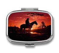 Cowboy West Pill Box 2-Compartment Portable Pill Case Square Metal Medication Organizer Small Weekly Medication Case with Mirror Stylish Vitamin Holder for Purse Pocket Travel