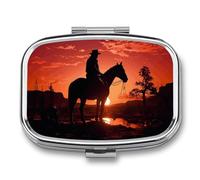 Cowboy West Pill Case for Travel, Rectangle Metal Pill Organizer with 2 Compartments, Portable Daily Medicine Box for Purse, Wallet