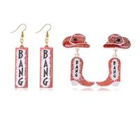 Cowboy Western Earrings for Women - Bang/Cowboy Boot Red Hat Earrings for Fans Concert Merch Cowgirl Western Outfits for Women, No Metal Type, No Gemstone