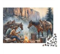Cowboys Campfire Scene 1000 Piece Jigsaw Puzzles Cowboy Campfire Horses Adults Aged 12 And Above Educational Game Beautiful Decoration Difficult Challenging Birthday Gifts 52x38cm/1000pcs