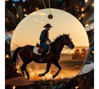 Cowboys Riding Horses Ceramic Christmas Ornaments - 2 Pcs Rustic Round Xma Tree Decor with Hanging String, Personalized Vintage Double-Sided Holiday Party Decorations for Xmas Gifts