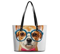 Cowboys Riding Horses Leather Tote Bag for Women Top Handle Purses Handbags Casual Work Tote Travel Shoulder Bag, Pet Dog Soft Bow Tie, Oversized Glasses, 29*34*14cm