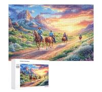 Cowboys Riding Through Sunset Mountains 1000 Piece Jigsaw Puzzle for Couples Home Puzzle Collaboration Strategic Thinking Gift for Romance 1000 PCS