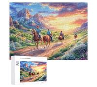 Cowboys Riding Through Sunset Mountains 500 Piece Jigsaw Puzzle for Couples Office Break Relaxation Stress Relief Gift for Anniversary 500 PCS