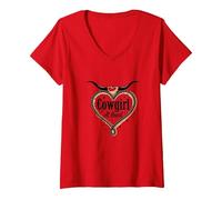 Cowgirl at Heart Western Rodeo Lasso Love Longhorn V-Neck T-Shirt, Women, Red, M