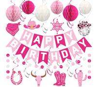 Cowgirl Birthday Party Decorations Pink White Happy Birthday Banner with Honeycomb Balls Pre-strung Disco Ball Western Hat Boot Hanging Swirls Circle Dots Garland for Women Girls Disco Party Decor