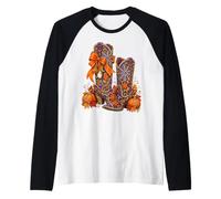 Cowgirl Boots Halloween Pearl Effect Orange Bow Raglan Baseball Tee