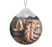 Cowgirl Boots Hat In Farm 3"Glass Christmas Decor,Christmas Tree Ornament,Xmas Decoration, Holiday Decoration,Glass Round Pendant,Perfect For Holiday Party,Window,Tree,Home Decor