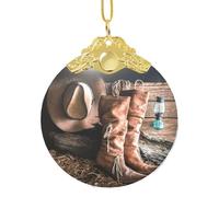 Cowgirl Boots Hat In Farm 3"Glass Christmas Decor,Christmas Tree Ornament,Xmas Decoration, Holiday Decoration,Glass Round Pendant,Perfect For Holiday Party,Window,Tree,Home Decor
