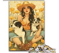 Cowgirl Dogs in Wildflowers 1000 Pieces Jigsaw Puzzles for Adults And Teens, Staycation Kill Time Every Piece Is Unique - Challenging Family Fun Game (26x38cm)