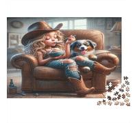 Cowgirl Eating with Dog Puzzle 1000Pc Recycled Paper for Adults Puzzle for Adults Hard Difficult Challenging Game Fun Present & Activity for Home Great Gift Idea 38x26cm/1000pcs