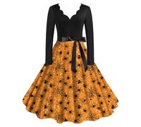 Cowgirl Fancy Dress, Wine Womens Halloween Tea Dress Pumpkin Printed Heart Shaped Neck Long Sleeve A-Line Bow Waist Cocktail Party Retro Halloween Vintage Rockabilly Swing Dresses