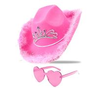 Cowboy Hat Pink Cowgirl Hat with Sequins & Tiara Crown for Women Rodeo Party Hats with Heart Glasses (Pink), Pink