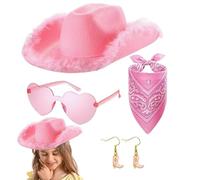 Cowgirl Hats for Women - Fluffy Cowgirl Hat with Feather Trim | Wide Brim Costume Cowboy Hat with Heart Glasses and Pink Bandana Scarf for Wedding, Bachelor Party, Fancy Dress