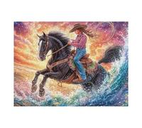 Cowgirl on Black Horse at Sea 500 Piece Pack Classic Jigsaw Puzzle Couple Puzzle Partners Ultra Difficult Wall Decor Easter New Year Eco Friendly Cardboard 500 PCS