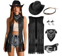 Cowgirl Outfits for Women Western Belts Accessories Women Fringe Vest Sleeveless with Cowboy Hat Earring Bandana