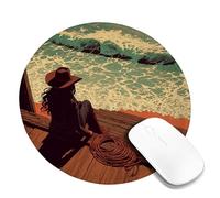 Cowgirls at The Shore Mouse Pad, Vintage Art by the Sea - Rustic Earth Tones - Great for Summer Office Use - Non-Slip Washable - Round Mouse Mat 8x8