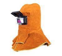 Cowhide Leather Welder Hood Welding Helmet Protective Gear Mask Work Cap with Neck Shoulder Drape,Solar Auto Darkening Filter Lens