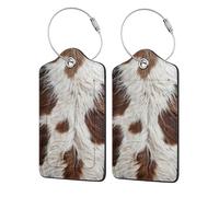 Cowhide Natural Brown White Spotted Hide Pattern Luggage Tag for Suitcase 2 Pack Leather Luggage Tag with Privacy Flap Name Id Label and Metal Loop for Women Men Travel