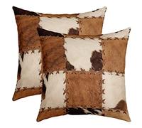 Cowhide Throw Pillow Covers 18x18 Set of 2, Patchwork Cow Print Decorative Square Pillow Cases For Home Sofa Couch, Farm Animal Pillow Covers, Western Cowboy Farmhouse Cushion Covers, Brown White