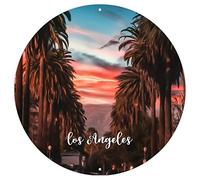 CowkissSign American City in California Round Metal Tin Sign USA City Los Angeles Aluminum Porch Signs Cityscape Souvenir Gift Men Cave Signs for Kid Room Living Room 12x12in