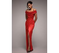 Cowl Bardot Satin Twill Maxi Dress Goddiva Red 10