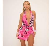 Cowl Halterneck Side Split Detail Mini Dress In Pink Printed, Women's Size UK 8