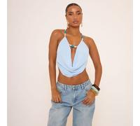 Cowl Neck Beaded Detail Top In Blue Chiffon, Women's Size UK 10