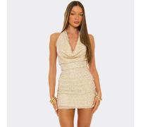 Cowl Neck Gold Beaded Detail Mini Dress In Cream, Women's Size UK 16