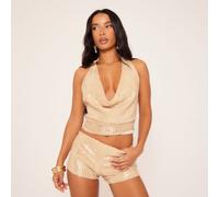 Cowl Neck Gold Trim Detail Top In Gold Sequin, Women's Size UK 8