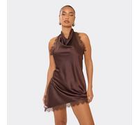 Cowl Neck Lace Trim Asymmetric Hem Mini Dress In Chocolate Brown, Women's Size UK 10