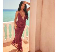 Cowl Neck Open Back Maxi Dress In Burgundy Devore Floral Print, Women's Size UK 12
