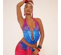 Cowl Neck Tie Back Detail Top In Blue And Pink Leopard Print, Women's Size UK 8