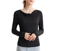 Cowl Neck Tops for Women, Tencel Lyocell Draped Front Long Sleeve Tee, Boat Neck Ruched Stretch Blouse Shirt Top (Black,L)