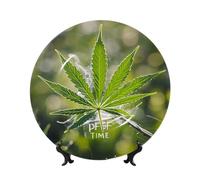 COWMGHLDFL Decorative Plate Ceramic Bone China Dessert Plate with Display Stand A Puff in Time Weed Marijuana Bone China Decorative Plate Stand Hanging Porcelain Plate for Home Office Wall Decor