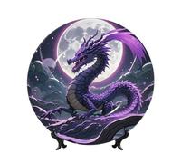 COWMGHLDFL Decorative Plate Ceramic Bone China Dessert Plate with Display Stand Purple Dragon Purple Moon Bone China Decorative Plate Stand Hanging Porcelain Plate for Home Office Wall Decor