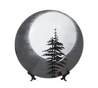 COWMGHLDFL Decorative Plate Moon Pine Tree Ceramic Bone China Dessert Plate with Display Stand Moon Pine Tree Bone China Decorative Plate Stand Hanging Porcelain Plate for Home Office Wall Decor