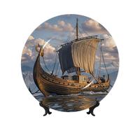 COWMGHLDFL Decorative Plate Old Viking Boat Ceramic Bone China Dessert Plate with Display Stand Old Viking Boat Bone China Decorative Plate Stand Hanging Porcelain Plate for Home Office Wall Decor