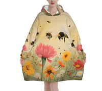 COWMMWOC Rural Bees Wildflowers - Women'S Blanket Hoodie - Super Soft, Oversized Wearable Hoodies For Adults, Warm Flannel Hooded Sweatshirt With Big Kangaroo Pocket