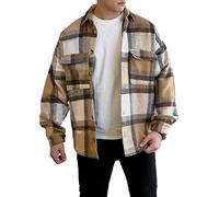 COWOKA Men's Casual Warm Plaid Wool Blend Jacket Fleece Relaxed Fit Button Up Long Sleeve Shacket Shirt Coat, Khaki, M
