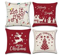 COWORK Set of 4 Christmas Cushion Cover Cotton Linen Throw Pillow Case Decorative Square Sofa Pillowcase for Home Xmas Decor Favor, 18 x 18 inch / 45 x 45 cm with Invisible Zipper