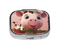 Cows and Strawberries Square Pill Box with Full Print Design - Portable Metal Travel Case for Vitamins & Medication, 2.2x1.6x0.7 Inch.