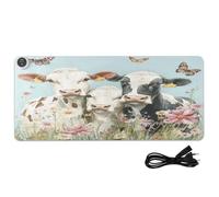 Cows Butterflies Flowers Teal Print Heated Desk Mat Large Heated Desk Pad Protector with 3 Heating Levels PU Leather Computer Accessories for Home Decor, 35.4x15.7in