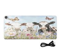 Cows Butterflies Flowers White Pattern Heated Desk Mat Large Heated Desk Pad with 3 Heating Levels PU Leather Desktop Table Protector for Office Work Home, 35.4x15.7in