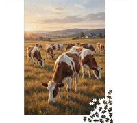 Cows Grazing in A Sunny Field 1000-Piece Jigsaw Puzzle for Adults, 52x38cm/1000pcs, Low-dust White Pieces for Sorting; Tabletop Entertainment at Home