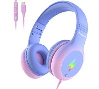 Cowyawn USB C Headphones Wired, Kids Headphones with LED Light, Over Ear USB C Wired Headphone with Microphone, 85/94dB Volume Limit, USB Type C Headphone for Boys/Girls/School/Travel, Purple Gradient